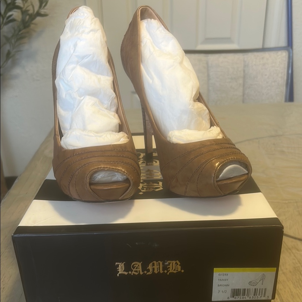 L.A.M.B. Tan Peep Toe Heels Versatile Elegance